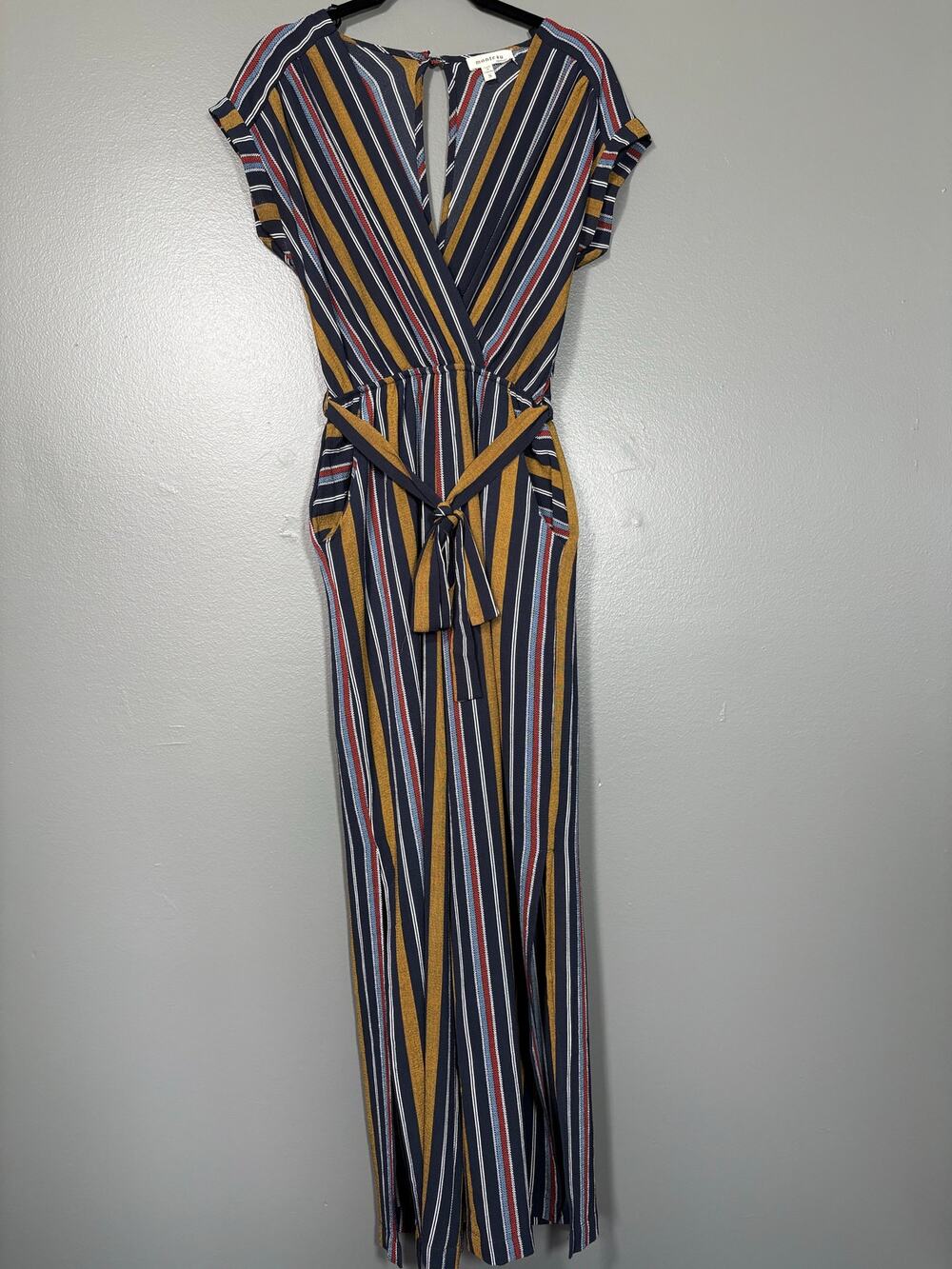 Monteau Blue & Yellow Striped Summer Casual Jumpsuit - Size Small - Split Leg